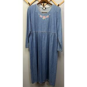 Vintage Donna Maxi Dress Womens XL Blue Denim Embroidered Cotton USA